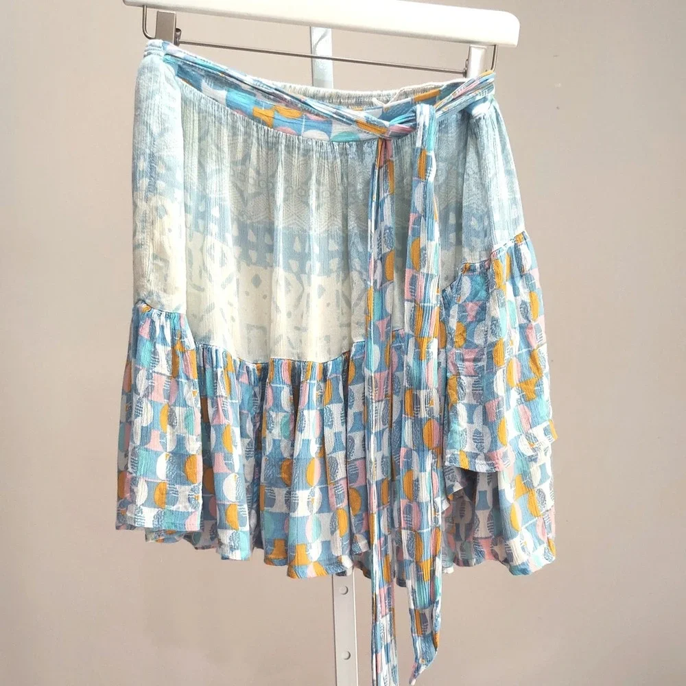 Free People Naomi Blue Mixed Print Ruffle Mini Skirt L Tie Belt Boho Festival